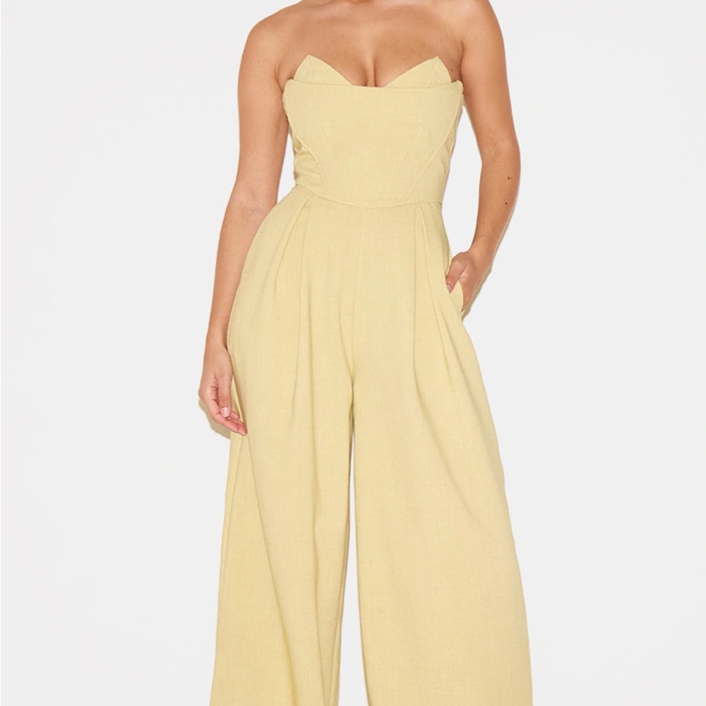 PLT LABEL CHARTREUSE CORSET BUST DETAIL WIDE LEG JUMPSUIT sz 12 NEW, NWT